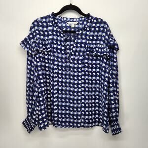 NWT Counterparts Cobalt Geometric Checked Ruffled Long Sleeve Blouse Women's L